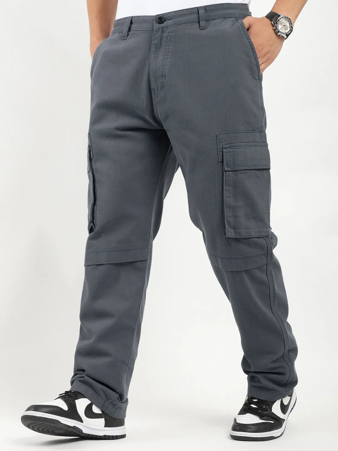 Full-Length Plus Size Dark Ash Grey Cargo Trousers