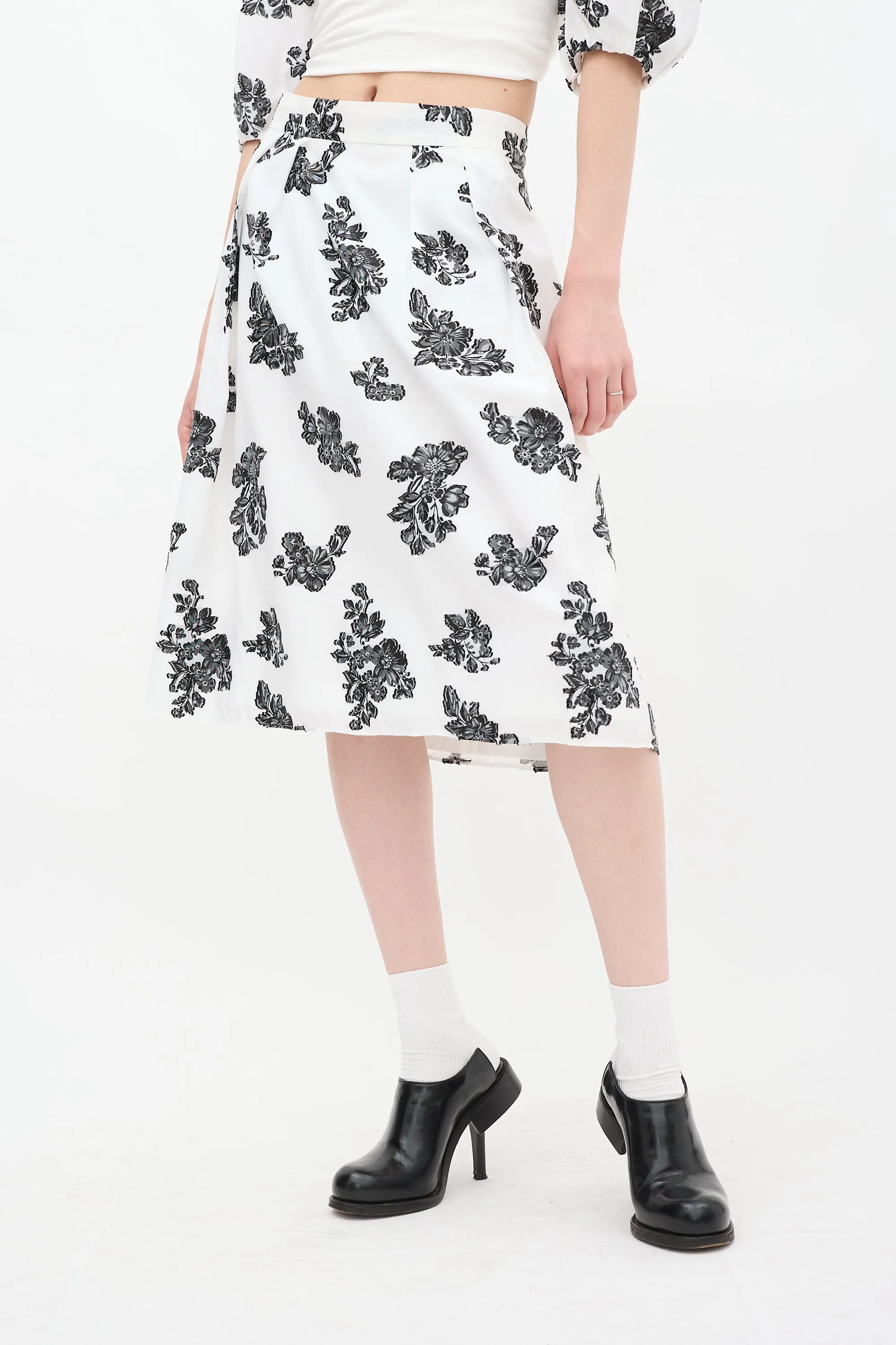 White & Black Reed Floral A-Line Midi Skirt
