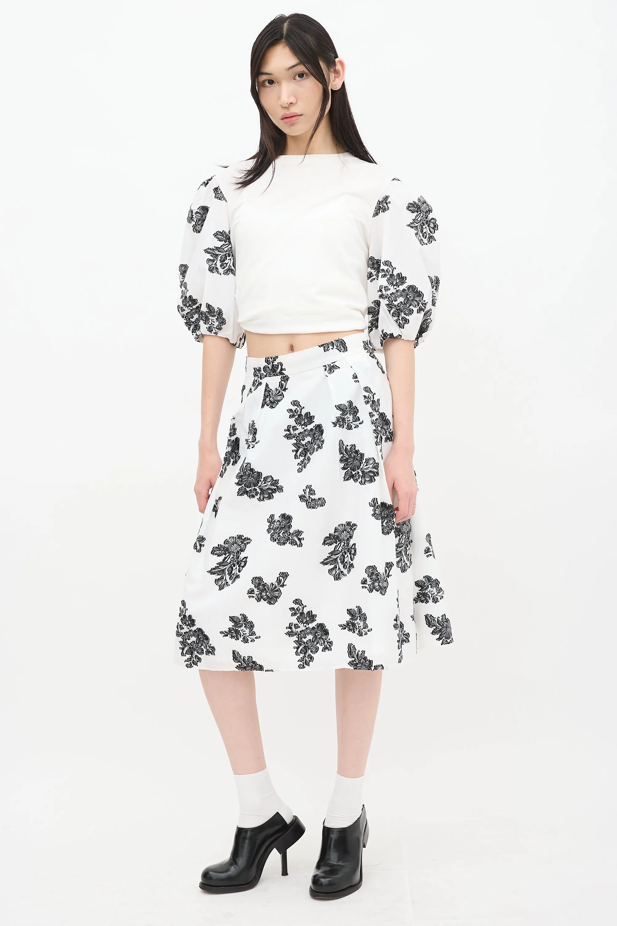 White & Black Reed Floral A-Line Midi Skirt