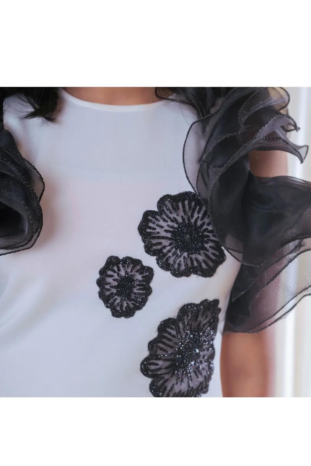 White And Black Floral Embroidered Ruffle Dress