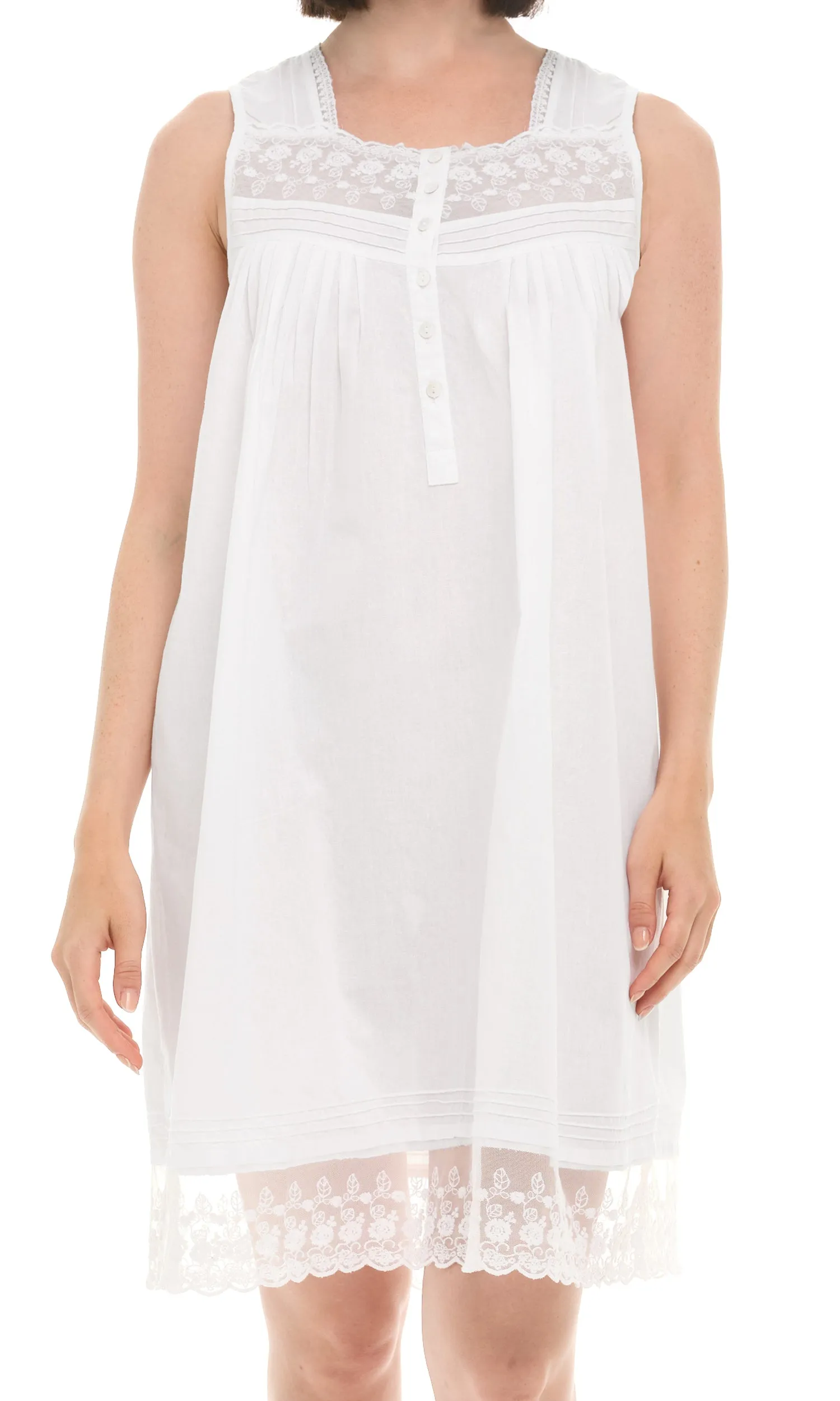 Women's Cotton Lace Trim NightGown , Sleeveless Button Up Vintage Night Dress Gown