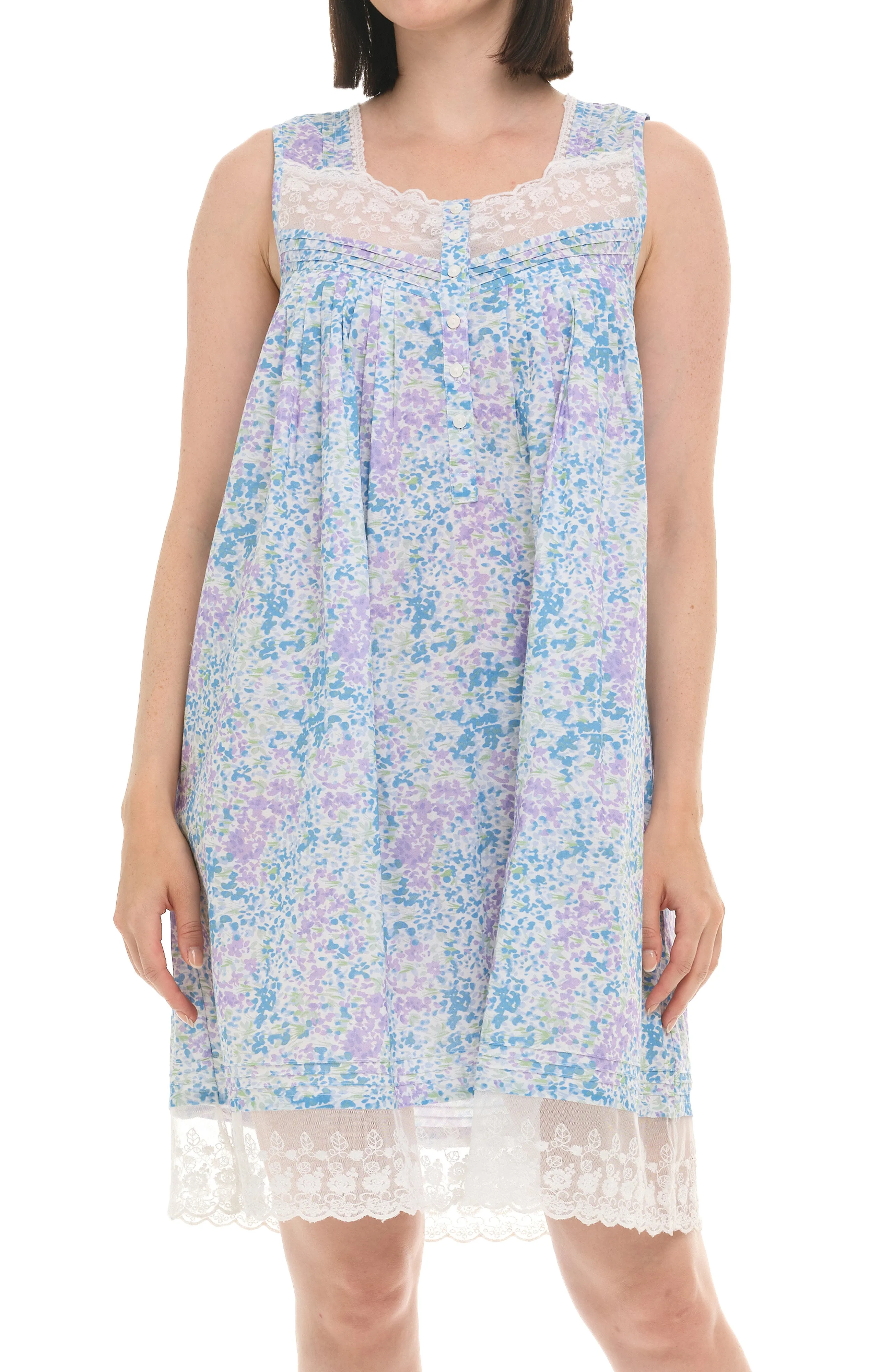 Women's Cotton Lace Trim NightGown , Sleeveless Button Up Vintage Night Dress Gown